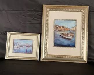 Framed Coastal Harbor Prints Set Signed Renato Marina Style Vintage