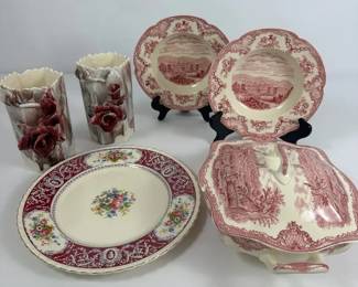 English Transferware  Floral Plate Art Pottery Vase Pair Vintage