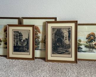 Framed Landscape Prints and Architectural Etchings Collection in GoldTone Frames