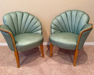Pair of ShellBack Accent Chairs in Teal Upholstery with Wood Legs