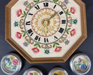 Cute Vintage Embroidered Floral Clock and Needlepoint Coaster Set