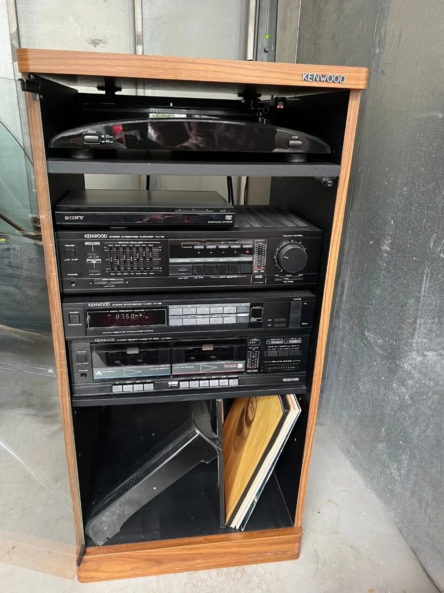  01 Vintage Kenwood Stereo System Rack With Speakers and Assorted LPs in Wood Cabinet