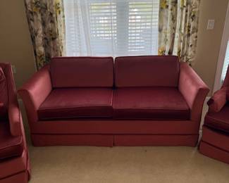  03 Vintage Ethan Allen Peach Velvet Living Room Set, W Sleeper Sofa  2 Wingback Swivel Rocker Chairs