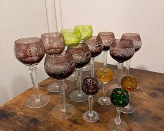 MidCentury Amethyst CutToClear Crystal Wine Hocks, Made in Germany, Purple, Orange, and Green