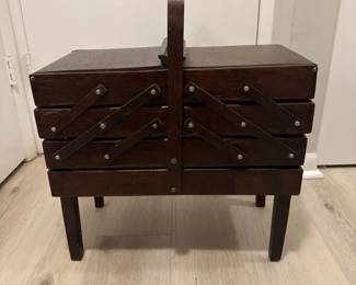 Vintage MidCentury, Wooden Tiered, Accordion Style Sewing Box
