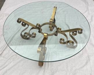 Vintage Hollywood Regency Style Coffee Table With a Round Glass Top and Gilt Wrought Iron Base