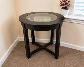 Set or 2 round glass top accent tables in very good condition. Modern dark wood design , perfect for living room, bedroom or Office space.  $120 for both OBO