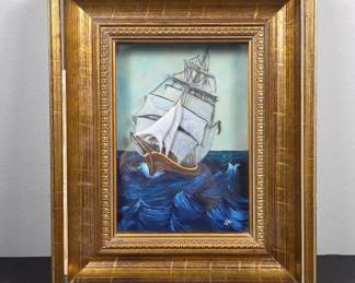 Framed Painted Glass Ship Artwork