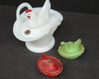 Milk Glass Hen on Nest with Dishes