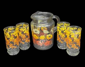 Glass Pitcher and Glassware With Floral Design