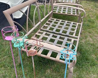 Vintage Wicker and Metal Garden Bench with Drink Holders