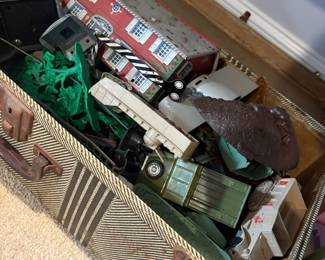 Vintage Toy Collection in Suitcase with Military Vehicles and Building