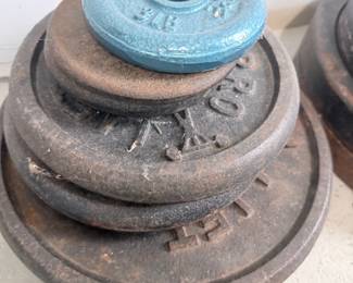 Vintage Cast Iron Weight Plates Set with Blue 5LB Plate