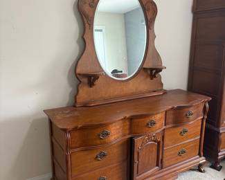 Antique Oak Serpentine Dresser with Mirror