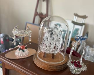 Glass Ship in a Dome with Trinket Basket and Hat