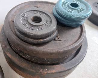 Vintage Cast Iron Weight Plates Set with Blue-Green Plates
