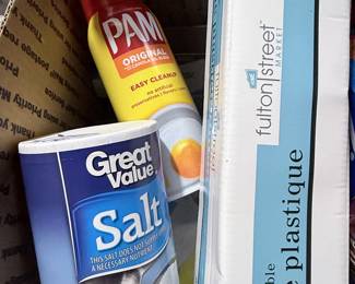 Great Value Salt, PAM Original Cooking Spray, and Fulton Street Market Plastic Wrap Bundle