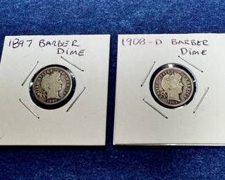 1897 AND 1908D BARBER SILVER DIMES