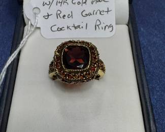 925 SILVER & 14K GOLD PLATE GARNET COCKTAIL RING
