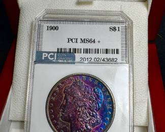 GRADED MINT STATE 64+ 1900 MORGAN SILVER DOLLAR, DEEP PURPLE TONER