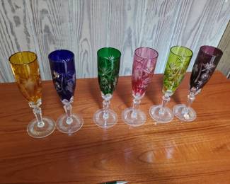 Nachman cut cryst champagne flutes from Germany.  Full set of six, a complete multicolored set. Never used.