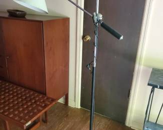MCM articulating floor lamp, often attributed to the  Italian manufacture Arredoluce or fesigned by Gino Sarfatti. Materials:  A genuine Carrara marble base and a leather wrapped handle. Made in Italy. 