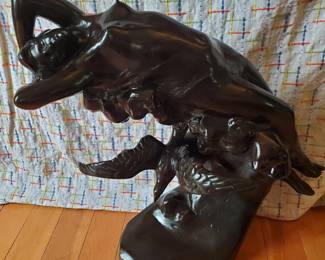 "Nymph on cresting wave with seagull."  This specific design is widely known as being "after Eduardo Rossi." While original versions were typically cast in paginate bronze, this Art Nouveau style piece, appears not 100% bronze.