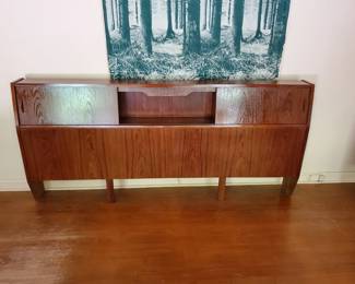 Teak bookcase/storage headboard. For full or queen bed. 73.5x33x8 sliding doors, central open cubby.