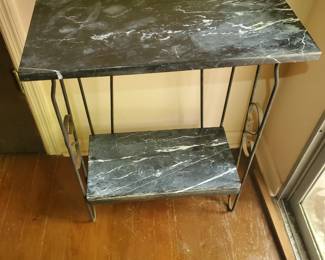 Genuine marble slabs on two teir wrought iron frame. Authentic vintage/Mid-century.  24x14x31.