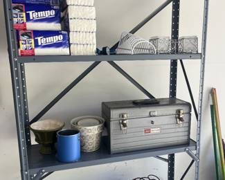 vintage toolbox, garden supplies, shelving