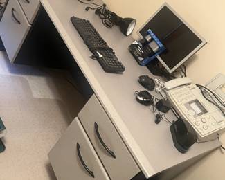 office supplies, computer screen, fax machine, lamps