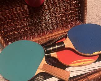 vintage ping-pong set in wicker basket