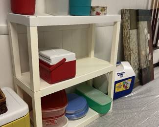 coolers, water thermos, Tupperware, camping supplies