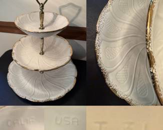 Vintage California Pottery 3-Tier Serving Tray Flower Shaped Bowls White Gold Tone Tiers T31 USA