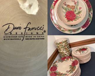 dinnerware plates by Dario Farrucci Designs poinsettia and pinecone pattern