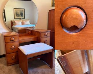 1930’s-1940's Maple Waterfall Vanity with Round  Mirror
