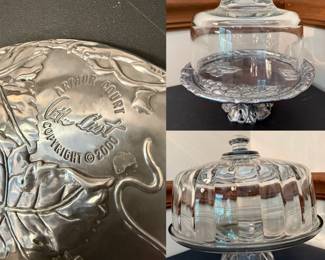 vintage Arthur Court sand-casted aluminum grape pedestal cheese plate with a glass dome from 2000, Footed Glass cake dome Optic design 