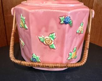 vintage Japanese hand-painted floral cookie jar with a lidded basket design and wicker handle