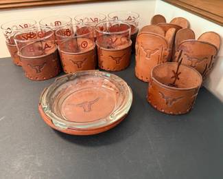 VINTAGE LIBBEY BAMCO WESTERN GLASSWARE SET OF 7 LEATHER HOLDERS