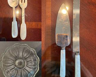 MOP Cake Knife/Server -Small MOP Spoon/Fork-Vintage Pressed Glass Bowl