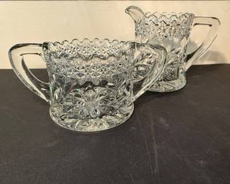  vintage Early American Pressed Glass (EAPG) set featuring a creamer and an open sugar bowl