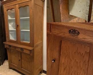 Antique Oak Stepback Farmhouse Hutch Cabinet 
