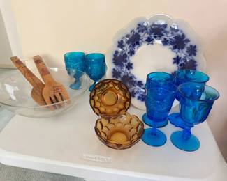 Blue Swedish Platter With Glass Bowl  Blue Goblets