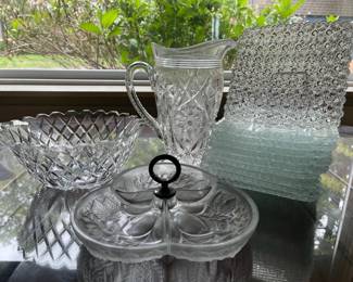 Assortment Of Decorative Crystal Serveware Including Pitcher Bowl Tray And Salad Plates
