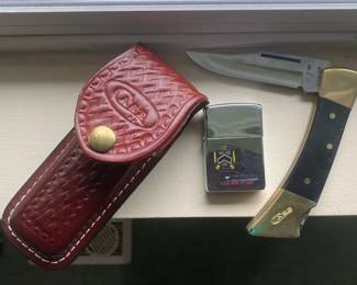Case Knife with Leather Holster and USS Kirk Zippo Lighter