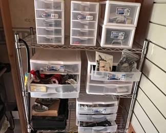 Rolling Wire Rack With Shelves Of Misc Hardware  Painting Supplies