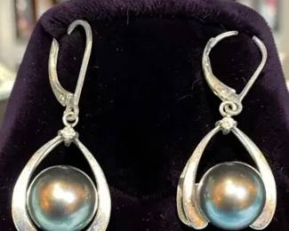 Sterling Wrapped Tahitian Pearl Earrings With Diamond Accent