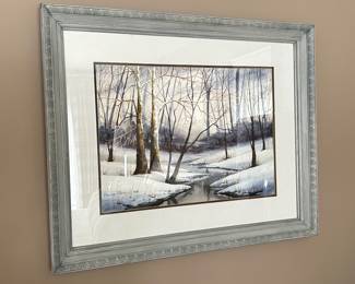 Winter forest by stream watercolor, $58