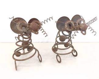 2 Folk Art Heavy Iron 9" Mouse Figures 