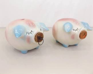 2 RARE 1957 Hull Pottery Corky Pig Banks